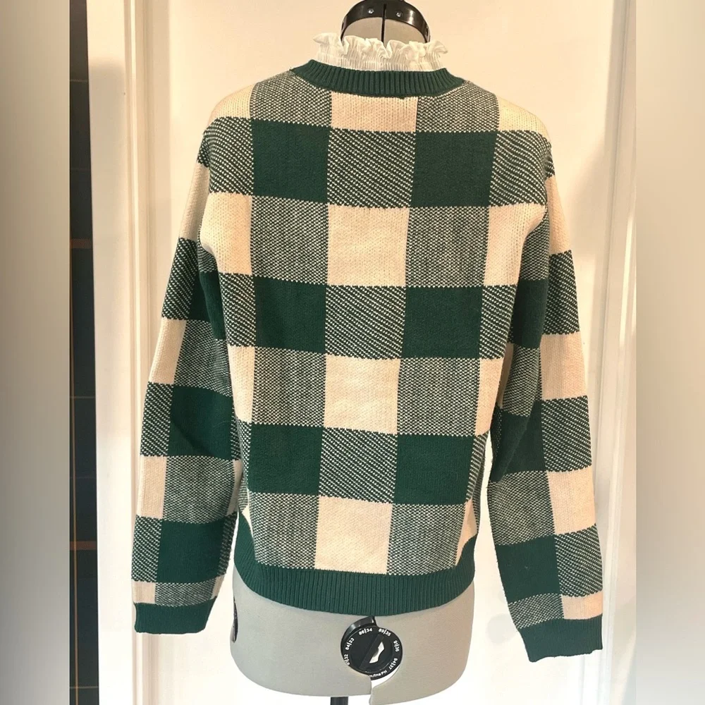 Anthropologie Buffalo Plaid Sweater, built in ruffle collar, S, like new - Picture 5 of 9